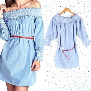 Stripe Off Shoulder Dress with Red Belt Blue White